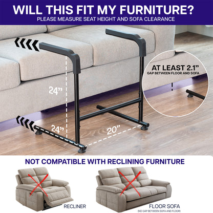 Stand assist bar with dimensions labeled and weight capacity text on a wooden floor.