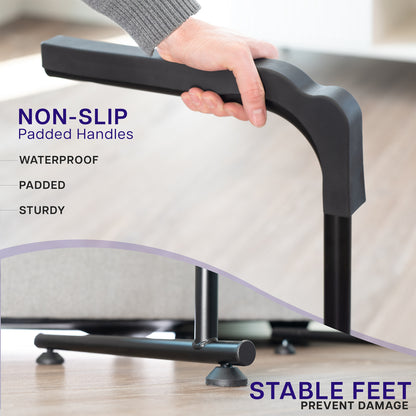 Hand holding a black padded handle on a piece of furniture with text highlighting features like non-slip, waterproof, and stable feet.