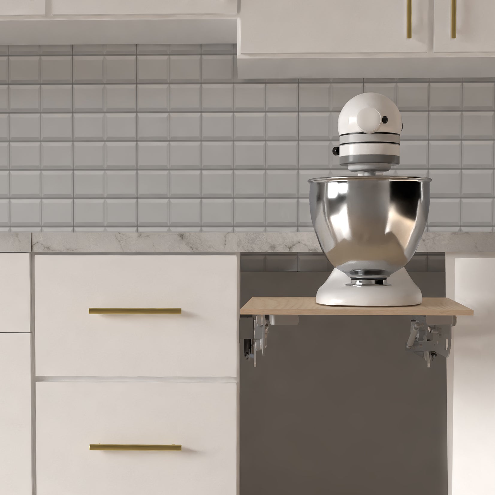 Kitchen appliance lifting brackets for compatible cabinets to save space and allow convenient access and storage for your appliances (shelf/platform surface not included).