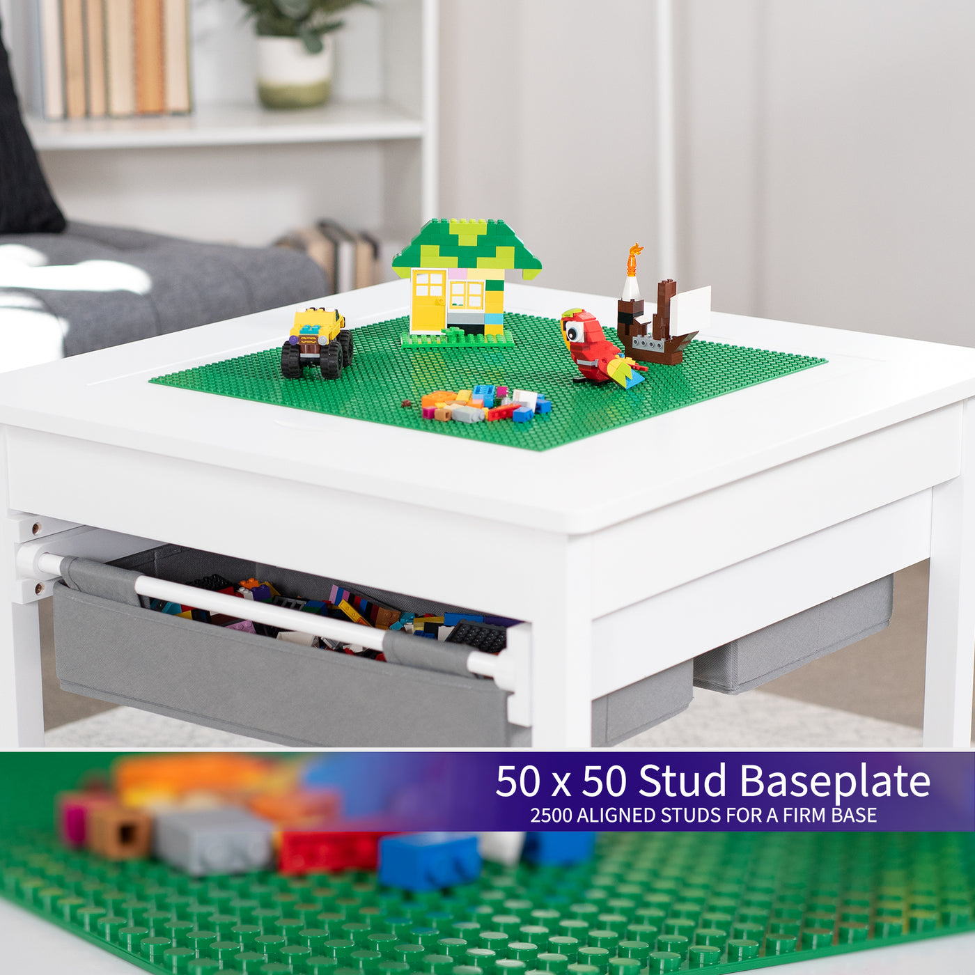 Kids' play table for Lego building bricks with reversible building base top and two pull-out drawers.