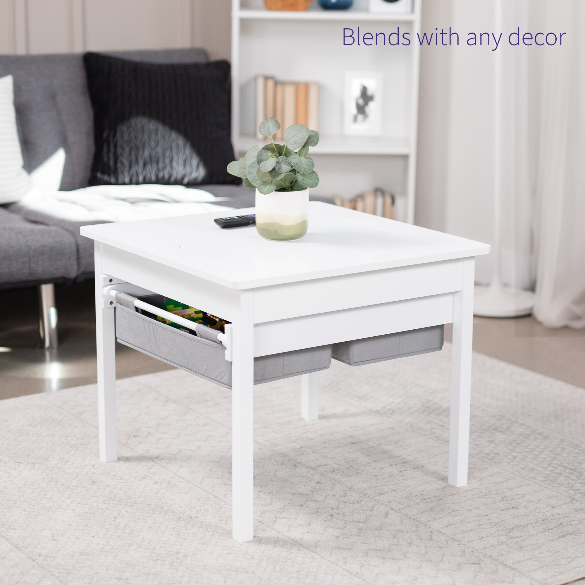 Kids' play table for Lego building bricks with reversible building base top and two pull-out drawers.