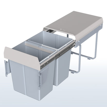 An under-counter dual trash can system with silver containers and a beige lid, including mounting hardware.