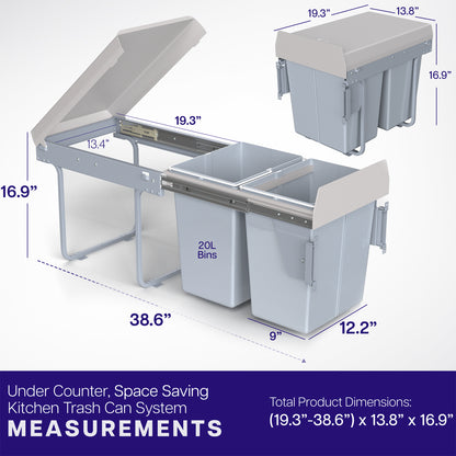 An under-counter dual trash can system with silver containers and a beige lid with measurements listed. 