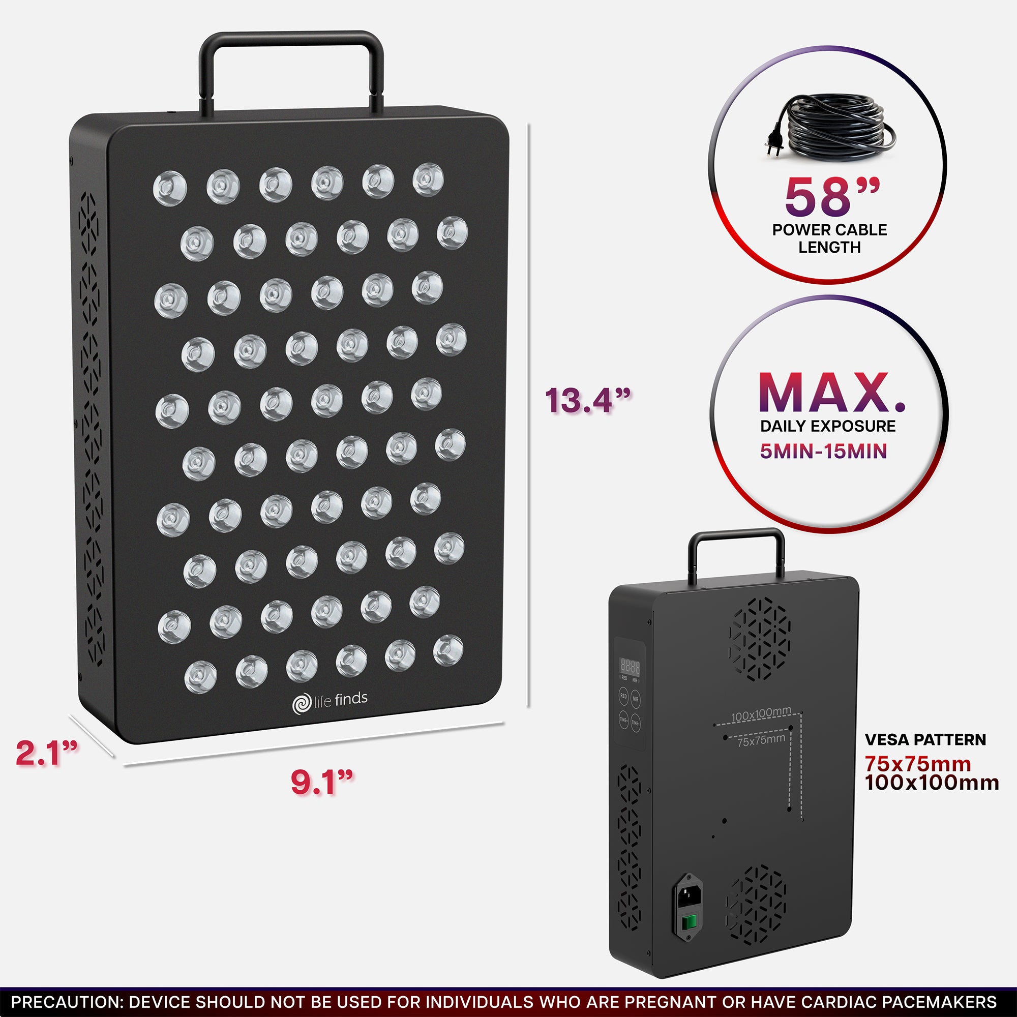 Red light therapy device with dimensions and power cable length information on a white background
