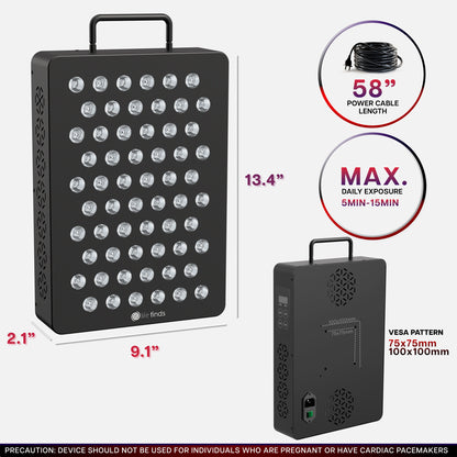 Red light therapy device with dimensions and power cable length information on a white background