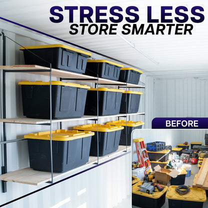 Storage solution with labeled bins and text 'Stress Less Store Smarter' in a garage setting.