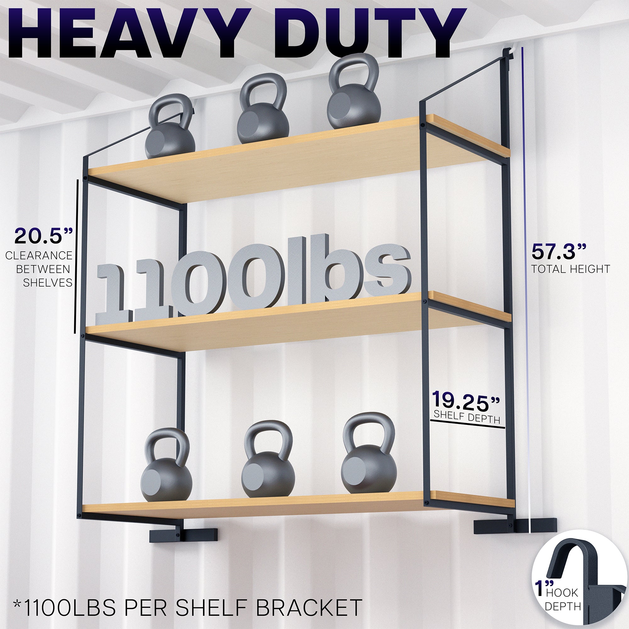 Heavy-duty shelving unit with weight capacity and measurement details on a white background