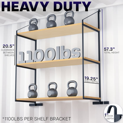 Heavy-duty shelving unit with weight capacity and measurement details on a white background