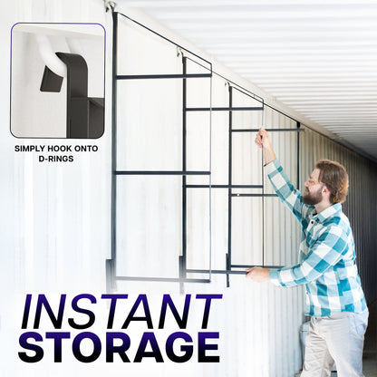 Man installing a metal storage rack on a wall with 'Instant Storage' text and 'Simply Hook Onto D-Rings' label.