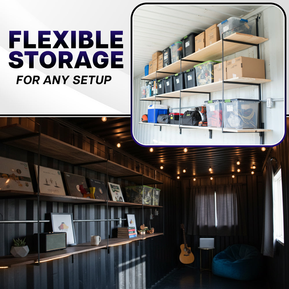 Storage solution with shelves and boxes in a room setting, emphasizing flexible storage.