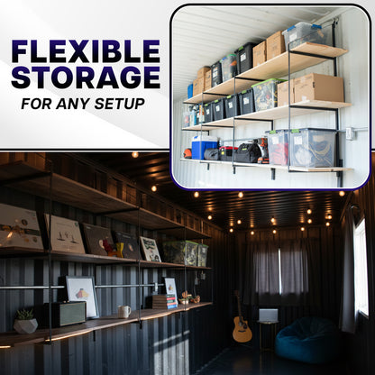 Storage solution with shelves and boxes in a room setting, emphasizing flexible storage.