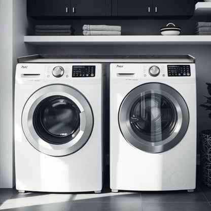 Modern black marble washer / dryer countertop with safety lip to create surface space for convenient storage and organization.