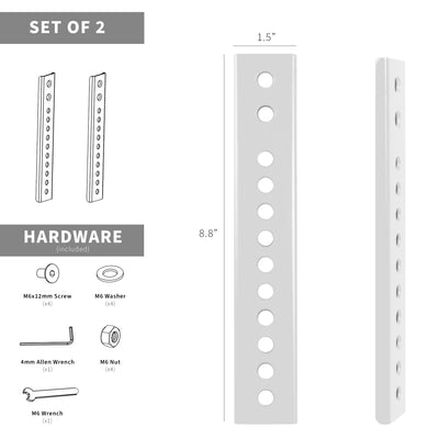 Dimensions and included hardware of two Vesa extender brackets.