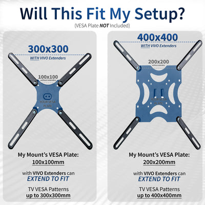 Two VESA plate compatibility charts with dimensions and extender options.