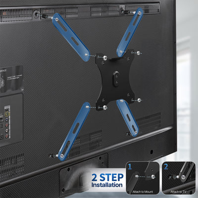TV mount attached to a TV screen, showing a two-step installation process.