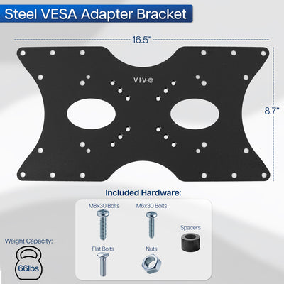 Steel VESA adapter bracket with dimensions and included hardware on a gray background