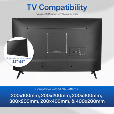 Back view of a TV with VESA pattern information on a gray background