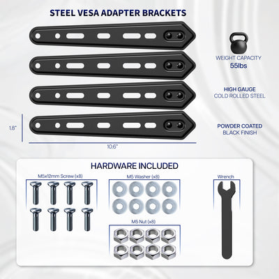 Steel VESA adapter brackets with hardware components on a white background