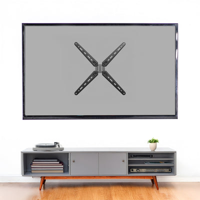 Wall-mounted TV bracket on a gray wall above a wooden entertainment console.