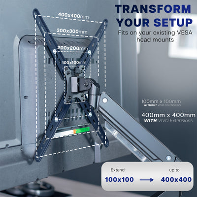 Monitor mount with VESA compatibility and extension capabilities on a gray background