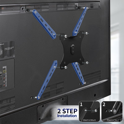 TV mount with extension brackets attached to a TV screen, showing a two-step installation process.