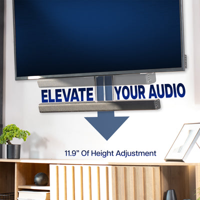 Soundbar TV Mount with height adjustment feature labeled 'Elevate Your Audio' in a home office setting.
