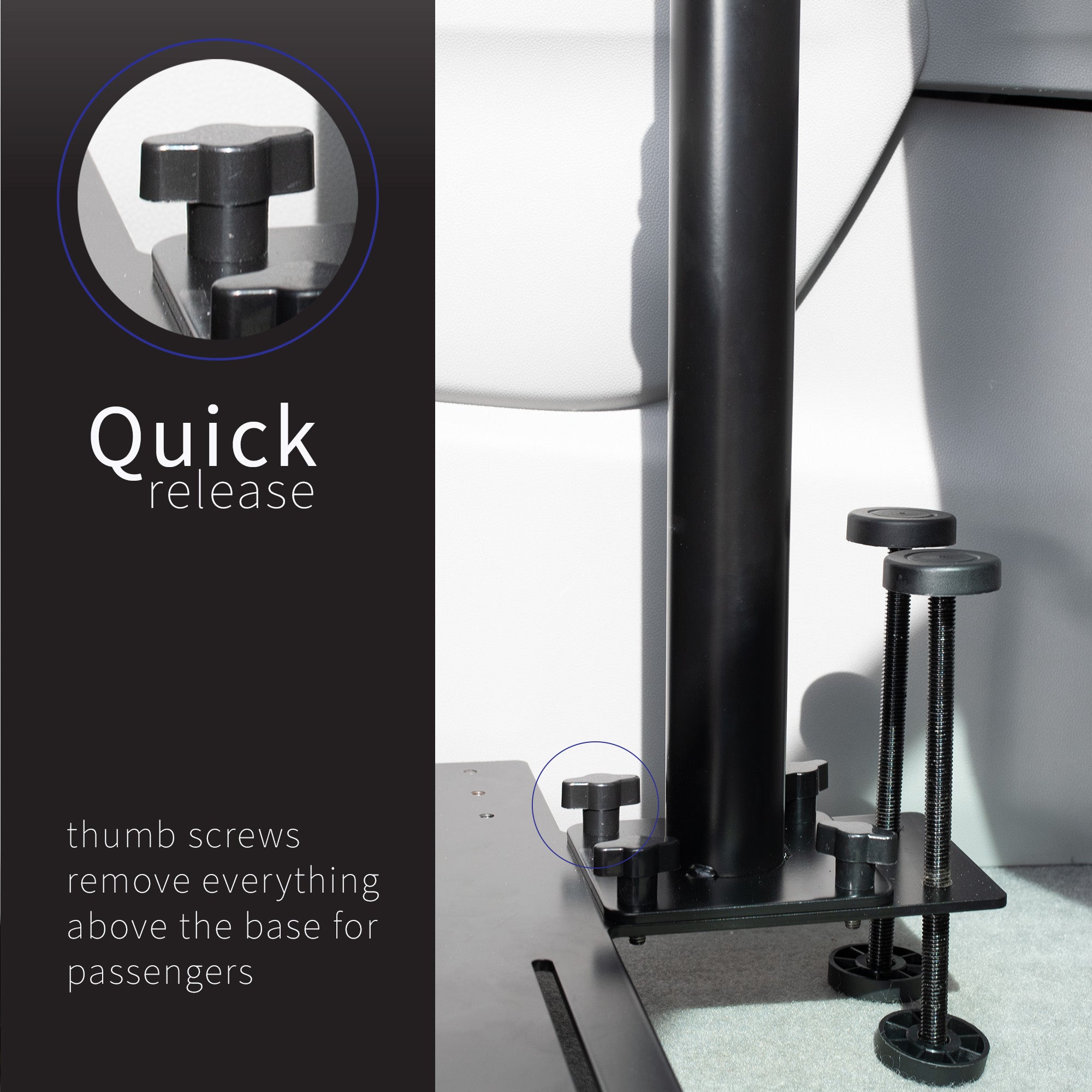 Perfect for on-the-go use, this car tablet stand anchors to the seat bolts on the passenger side chair, providing a secure and sturdy workstation.