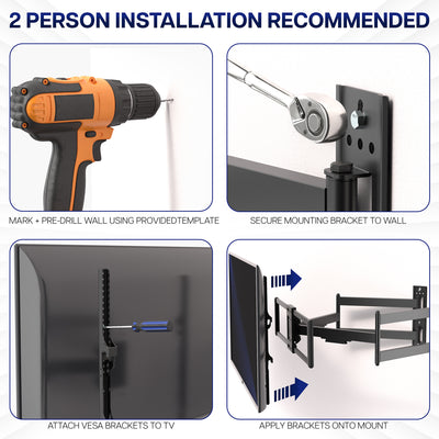 Step-by-step installation guide for a TV mount with tools and hardware.