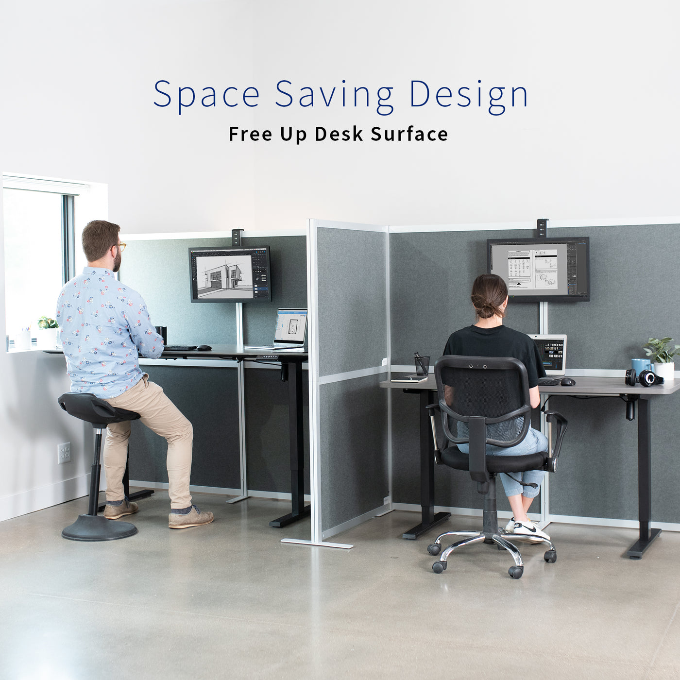 Space saving design of cubicle monitor mounts saving desk surface space.