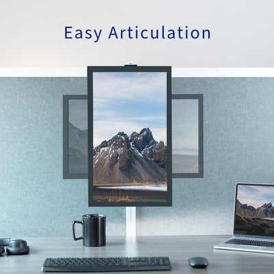 Cubicle monitor mount can display monitors vertically or horizontally.
