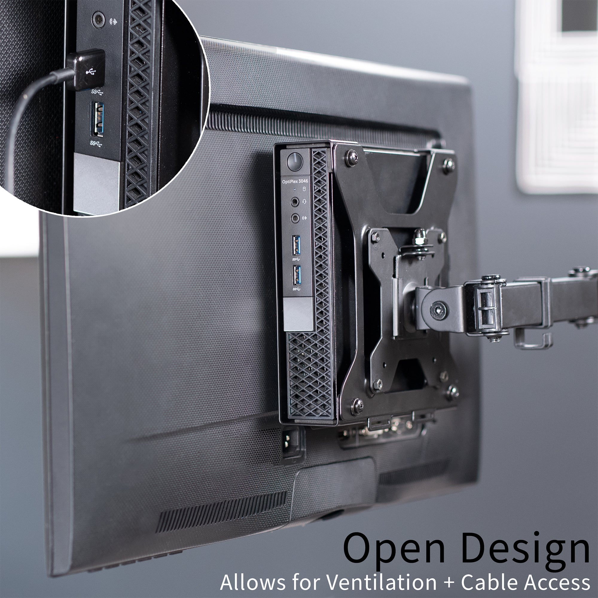Mount Designed for Dell OptiPlex Micro with an open design for ventilation and cable access on a gray background