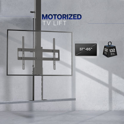 drop down ceiling tv mount display and weight capacity indicators on a gray background