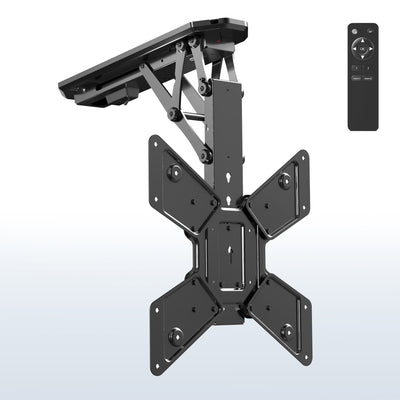 Electric Motorized Flip Down Pitched Roof Ceiling TV Mount with fold-up design.