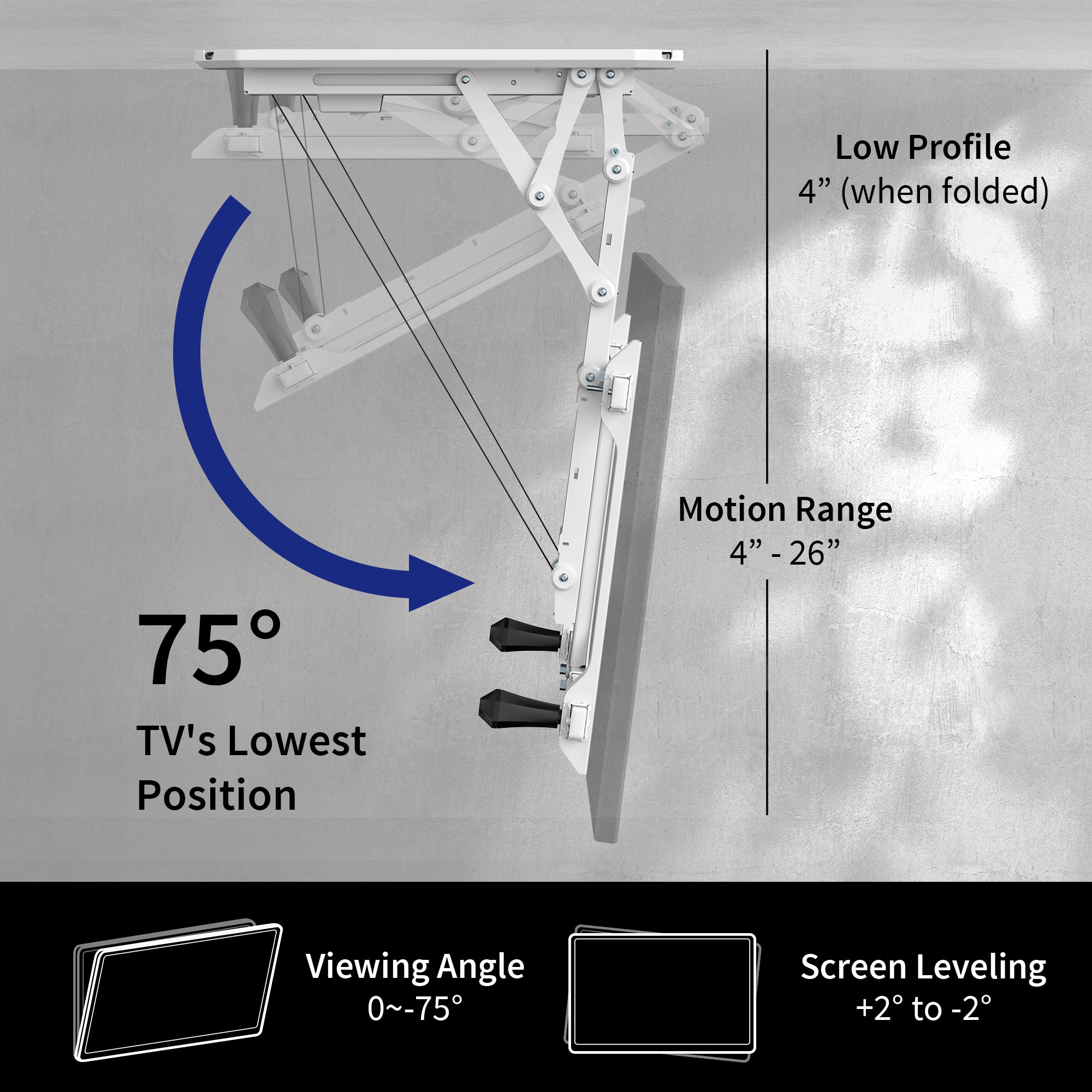 Sturdy electric flip down ceiling mount for TVs and monitors.