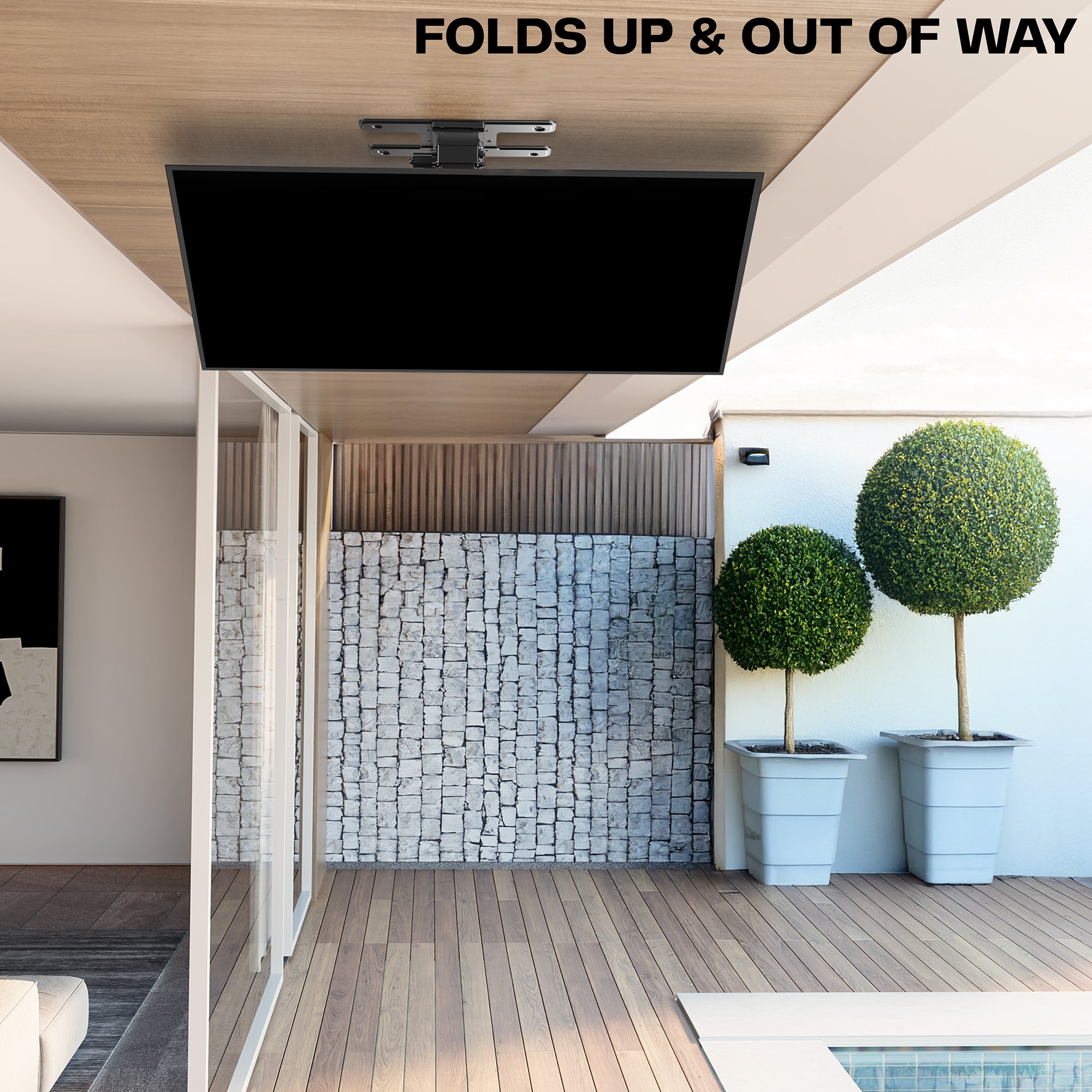 TV folds up and out of the way in a modern indoor setting with plants and pool.