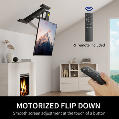 Electric Flip Down Ceiling TV Mount holds large TVs and features dual motors for effortless adjustment.