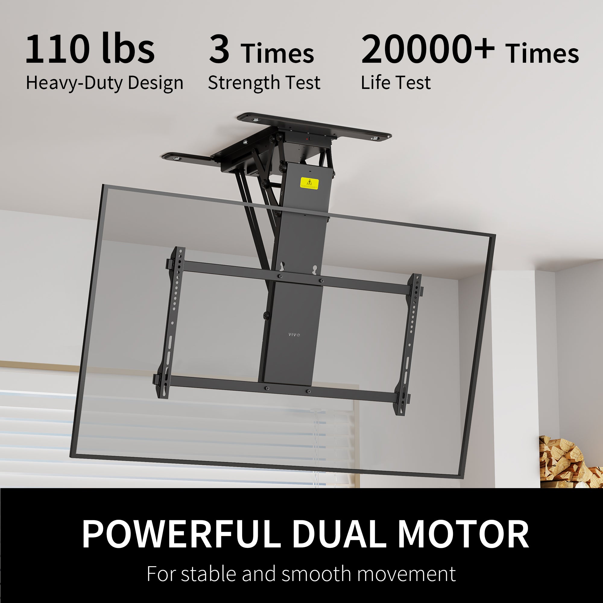 Electric Flip Down Ceiling TV Mount holds large TV's and features dual motors for effortless adjustment.