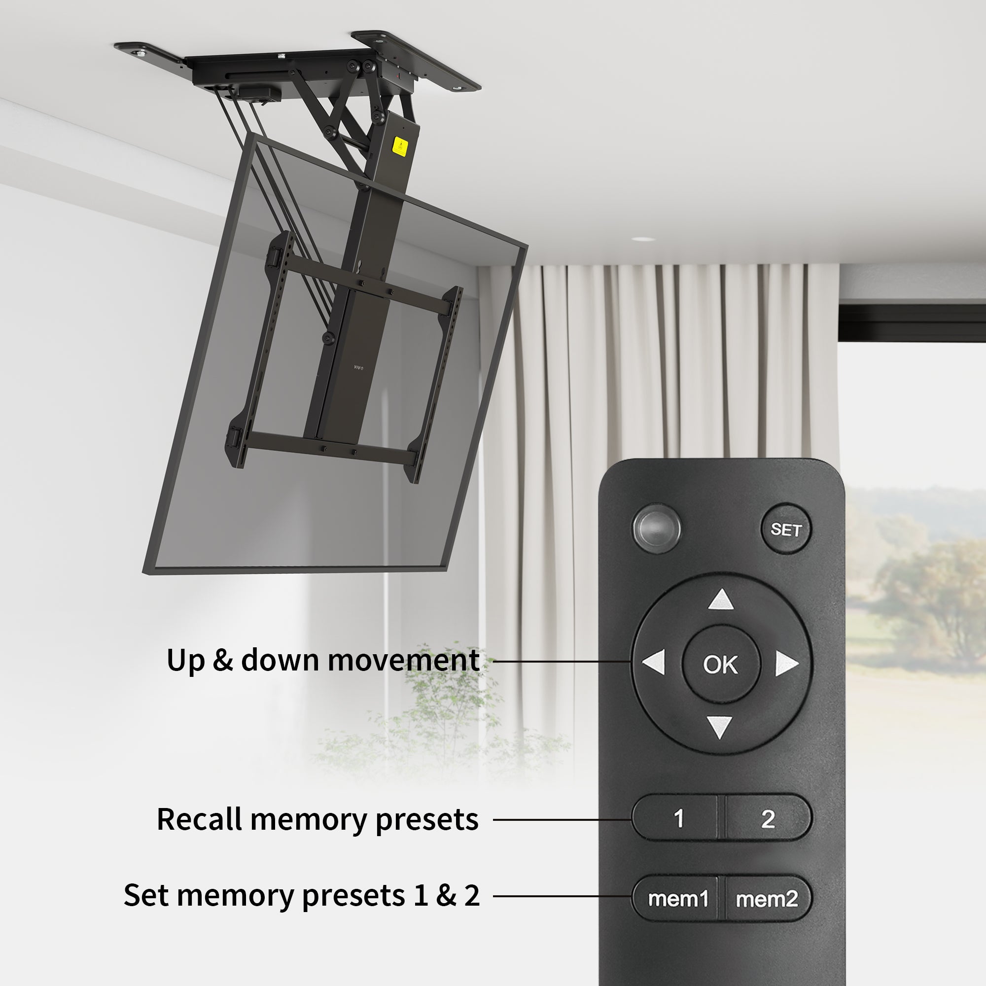 Electric Flip Down Ceiling TV Mount holds large TVs and features dual motors for effortless adjustment.