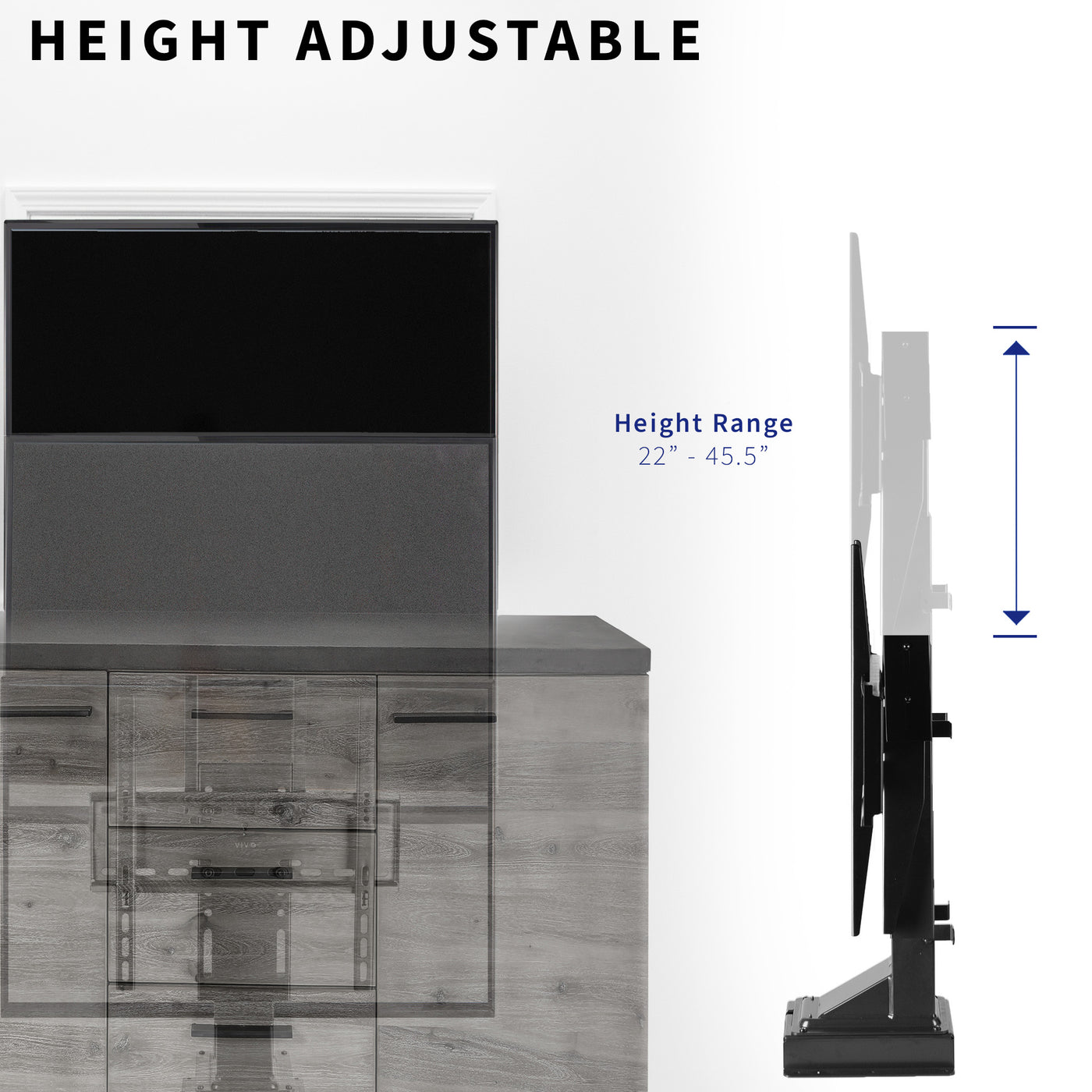 Height adjustable TV stand that can elevate a TV up from behind a dresser.
