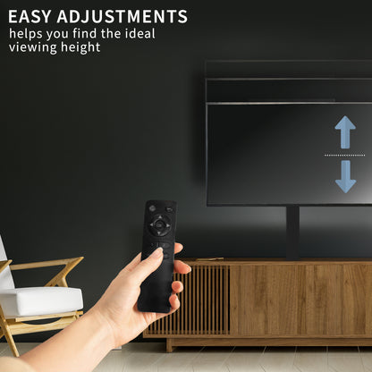 Hand holding a remote control with TV in the background, emphasizing easy adjustments for optimal viewing height.