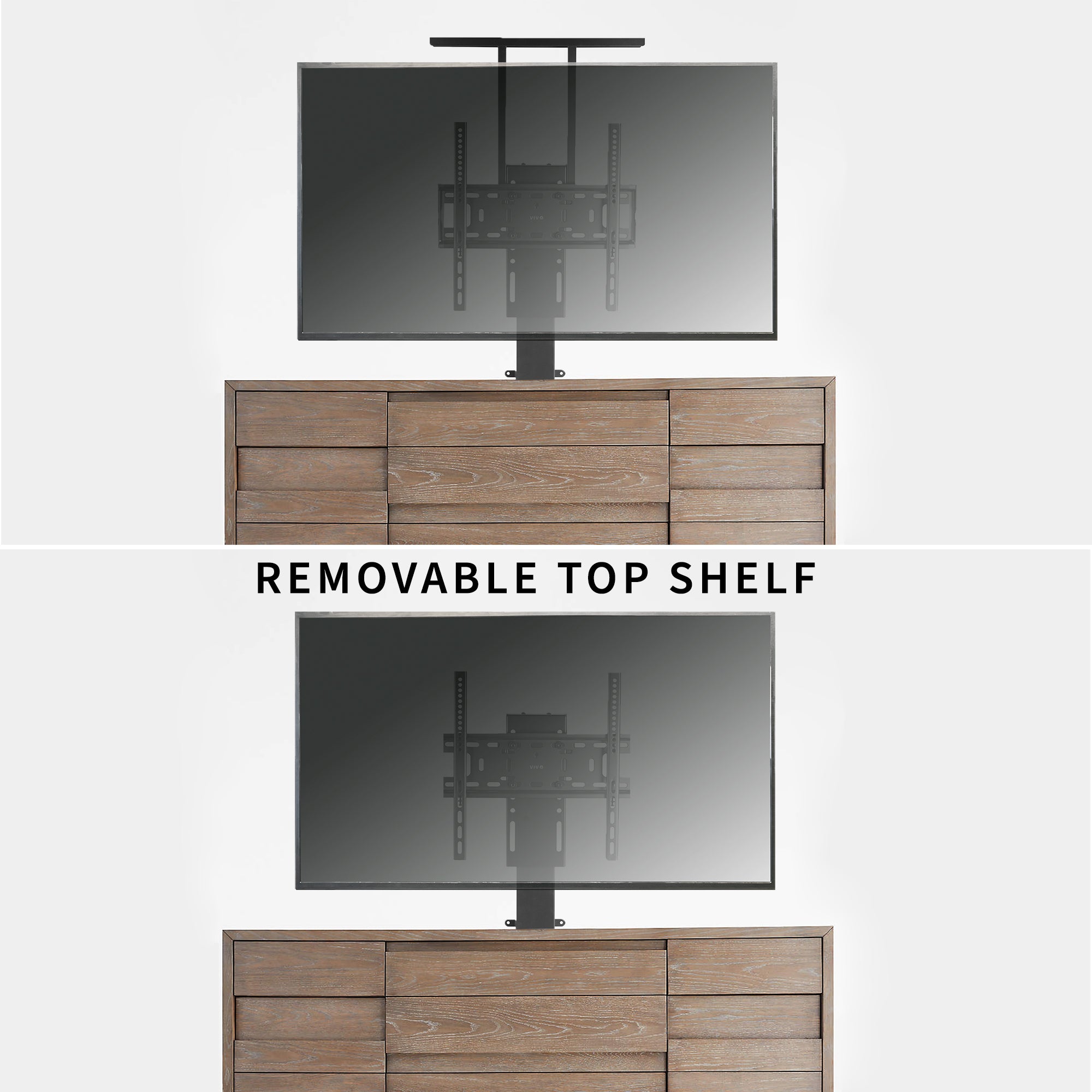 Wooden entertainment console with a removable top shelf and mounted TV.