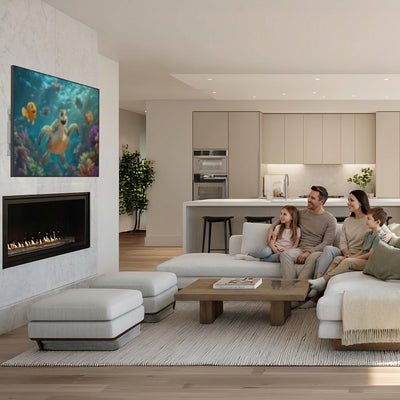 Modern living room with family sitting on a couch, TV mounted above fireplace, showing a movie, and kitchen in the background.