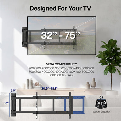 TV wall mount with size and compatibility information on a white wall.