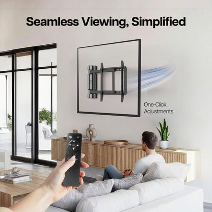 Living room with a TV mounted on the wall, person holding a remote control, and text 'Seamless Viewing, Simplified'.