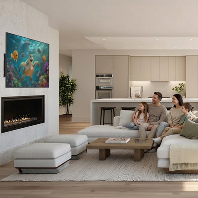 Modern living room with family sitting on a couch, TV mounted above fireplace, showing a movie, and kitchen in the background.