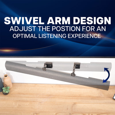 sound bar wall mount with swivel arm design, text indicating adjustable position for optimal listening experience.