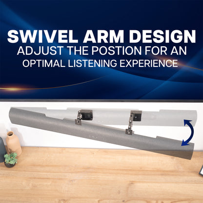 sound bar wall mount with swivel arm design, text indicating adjustable position for optimal listening experience.