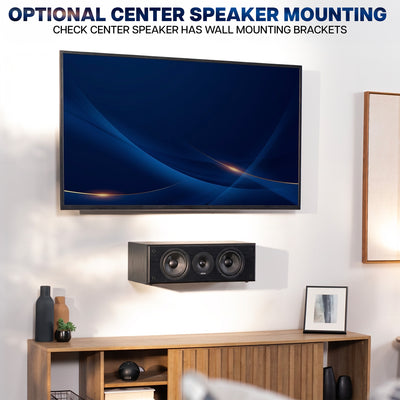 Tv mounted on wall with speaker system mounted on the wall below it demonstrating the mounting brackets
