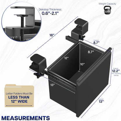 Black clamp-on desk organizer with measurements and weight capacity details on a white background