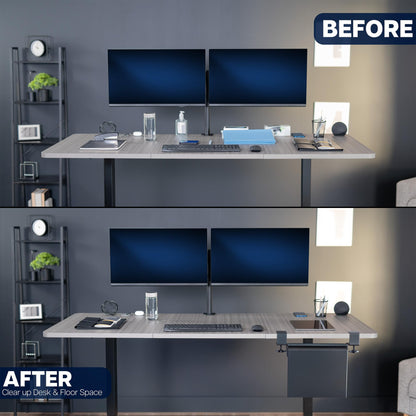 Before and after comparison of a desk setup with computer monitors and office items showing benefit of an under desk filing cabinet.